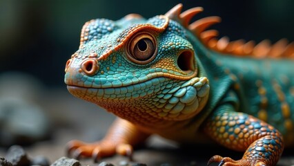 Fototapeta premium Close-up of a Vibrant-Colored Lizard with Striking Scales and Intricate Details, Displaying its Unique and Captivating Features