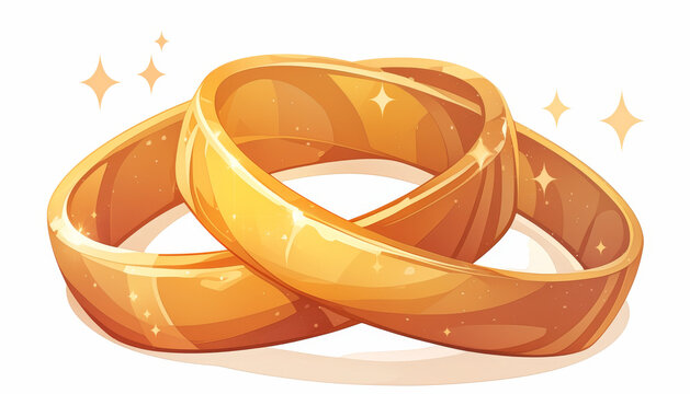 Cartoon illustration of sparkling golden wedding rings intertwined