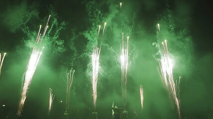 Green fireworks display night festival crowd