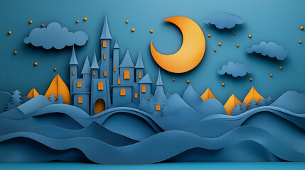3D Paper Art Background, Stencil, Castle Style with Moon, Children's Story Illustration