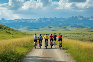 Fototapeta premium A group of friends cycling on a flat trail with mountains in the distance