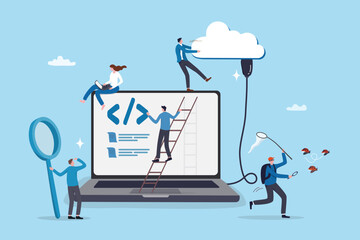 Software development, coding team, programming frontend backend framework, debugging algorithm, testing or deployment concept, young people software engineer working with online cloud computer laptop.