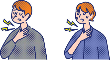 風邪をひき喉の痛みで辛そうな男女のイラスト