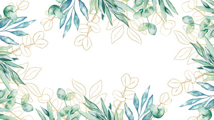 Watercolor eucalyptus green and golden leaves background animation growing moving minimal decoration botanical ecological cosmetic wedding invitation spring summer plants