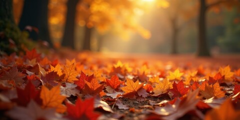 Golden Hour Autumn Pathway A Carpet of Vibrant Red and Orange Maple Leaves Basking in Warm Sunlight