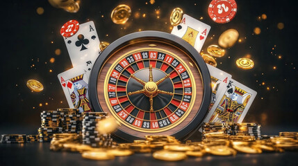 vibrant casino scene with roulette wheel, playing cards, and flying poker chips, surrounded by stacks of gold coins, creating exciting atmosphere