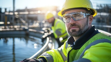Eco engineers working on water treatment maintenance in safety gear