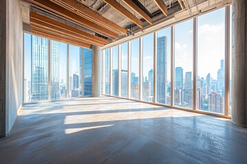 Fototapeta premium An empty room with floor-to-ceiling windows overlooking the city skyline. The interior features a concrete and wood design, with a tall skyscraper visible in the distance. 