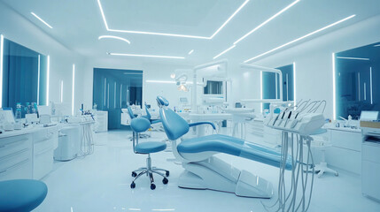 modern dental clinic with high tech equipment and sleek design, featuring blue dental chair and advanced tools in bright, clean environment