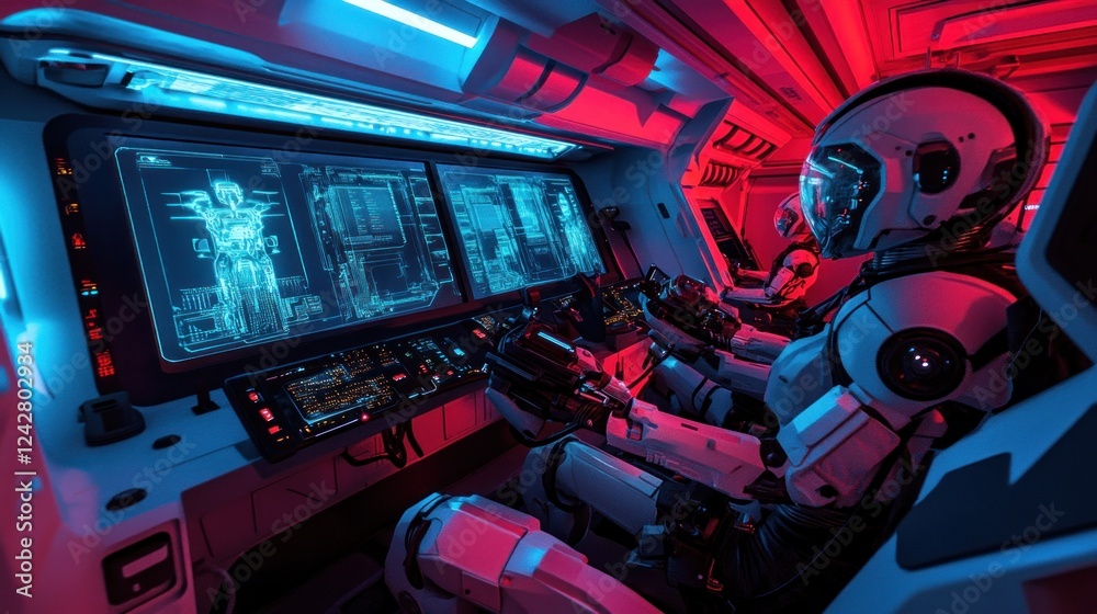 Poster futuristic robots pilot advanced spaceship cockpit