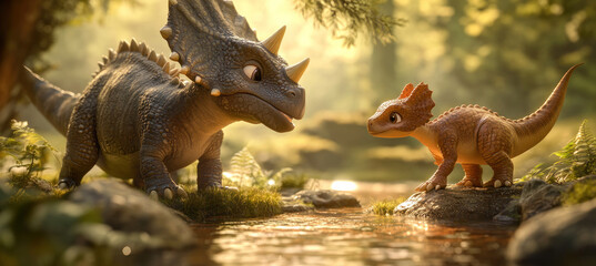 baby male triceratops dinosaur and baby female dinosaur stand by serene forest stream, surrounded by lush greenery and soft sunlight filtering through trees