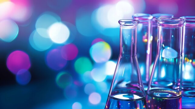 Futuristic abstract science background with glowing molecular structures, wave patterns, and dynamic light trails in blue and purple tones