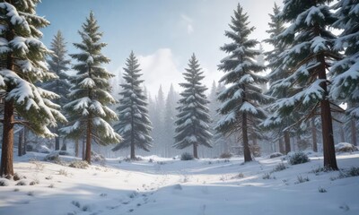 Winter wonderland scene with pine trees and snowflakes, evergreen, snowy, snow covered, December