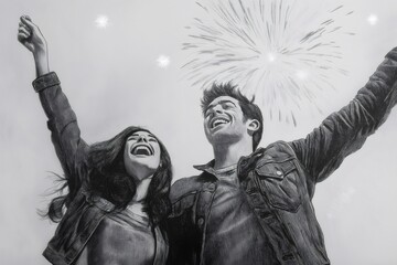 Pencil sketch of a happy couple celebrating New Year's Eve under fireworks, arms raised in joy