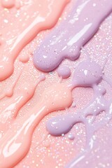 Fototapeta premium Soft pastel shades of coral and lavender blend seamlessly, with scattered glitter droplets resembling dew, creating a whimsical and delicate atmosphere perfect for creative inspiration