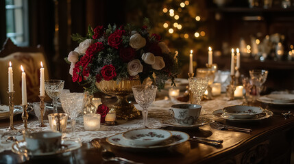 A table set for dinner with elegant cutlery and candles, ready for guests