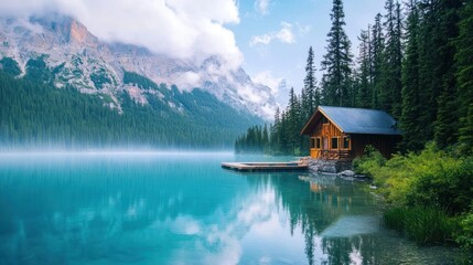Fototapeta premium Mountain Lake Cabin Peaceful Serene Nature Escape