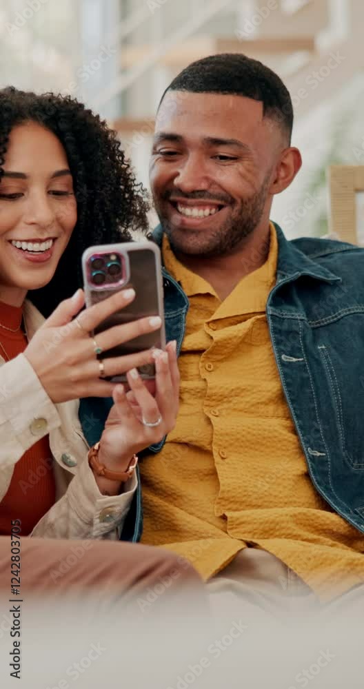 Poster couple, phone and relax on sofa with laugh, reading or conversation for post, chat or scroll on web 