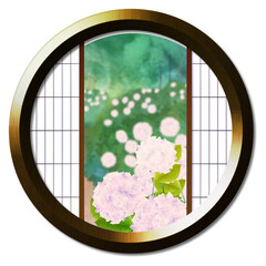 丸窓から見える紫陽花のある風景