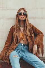 Young stylish boho woman wearing fringed suede jacket, sunglasses and jeans posing sitting near a wall