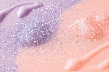 Fototapeta premium Pastel hues blend seamlessly with shades of coral and lavender, enhanced by scattered glitter droplets, creating an enchanting and delicate atmosphere
