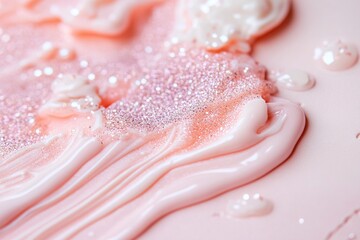 A gentle blend of coral and lavender creates a soothing pastel gradient, while small glitter droplets resemble dew, adding a touch of whimsy and delicacy to the composition