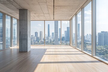 Fototapeta premium An empty room with floor-to-ceiling windows overlooking the city skyline. The interior features a concrete and wood design, with a tall skyscraper visible in the distance. 