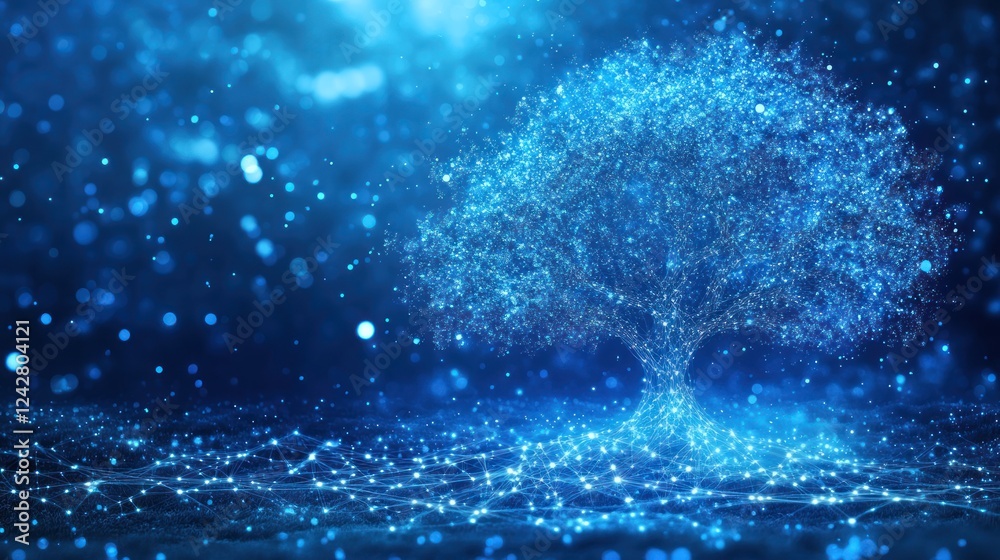 Poster luminous digital tree network illuminated in blue