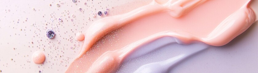 Fototapeta premium Soft pastel gradient flows in coral and lavender shades, adorned with sparkling droplets that evoke a delicate and dreamlike essence, perfect for artistic exploration