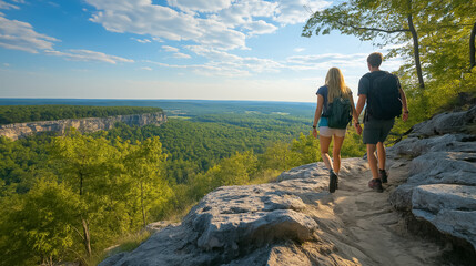 Obraz premium A young couple hiking on a rocky trail with a breathtaking view in the distance