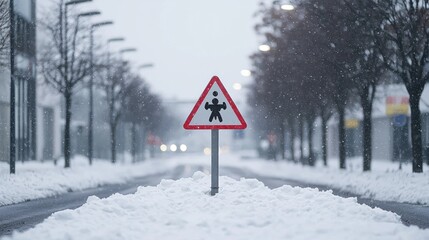 Snowy City Street with a Warning Sign
