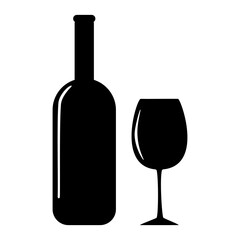 Wine bottle with wine glass icon vector. Black silhouette bottle and glass. Flat style vector illustration editable isolated design.