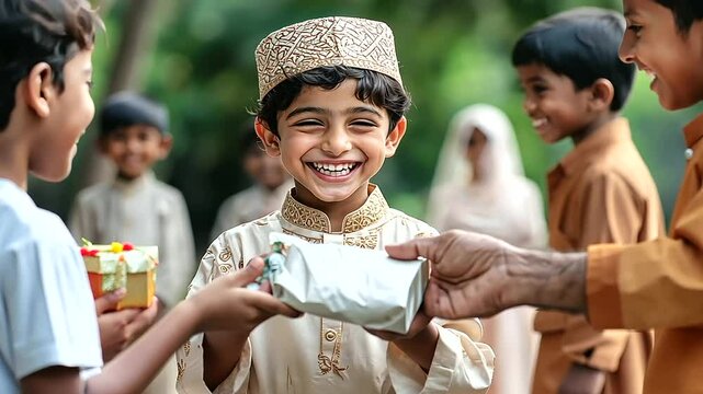 Children Receiving Eid Gifts with Joyful Expressions