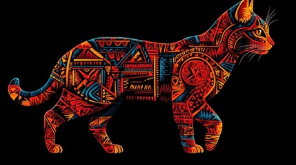 Fototapeta premium Tribal Cat Profile, Colorful Pattern, Dark Background, Apparel Print
