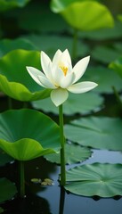 White lotus flower growing among water plants and lily pads, wetland, foliage