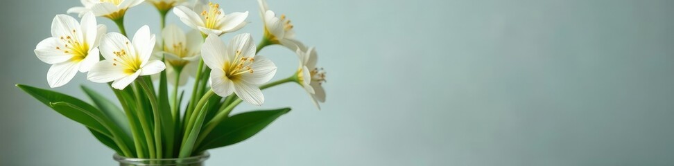 Fototapeta premium White flower stems with green leaves in a vase, botanical, decorative, vase