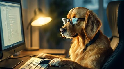 Golden retriever in glasses sits computer desk and work. Funny dog focused office worker, humor, joke. Remote home freelancer. Overworked tired pet earns money for food, toys. Late evening or night.