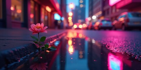 Obraz premium A Delicate Pink Bloom Finds Resilience in a City Street Puddle, Reflecting Neon Lights and Urban Ambiance