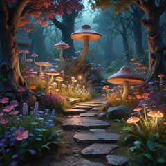 Whimsical illustration of a witch's garden with glowing mushrooms and colorful flowers, magical plants, nature-inspired art