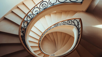 Artistic staircase with unique design elements, showcasing elegant curves and intricate railings. This architectural feature adds touch of sophistication to any space