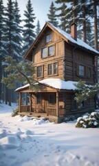 weathered wooden house with a branch of pine stuck in the snow, wintry atmosphere, cold climate