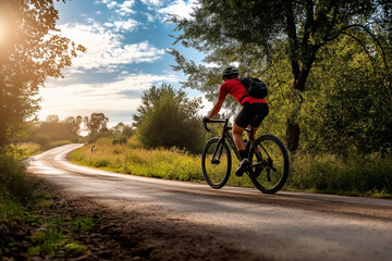 Male cyclist riding a bicycle outdoors on a picturesque rural road