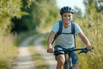 Male cyclist riding a bicycle outdoors on a picturesque rural road