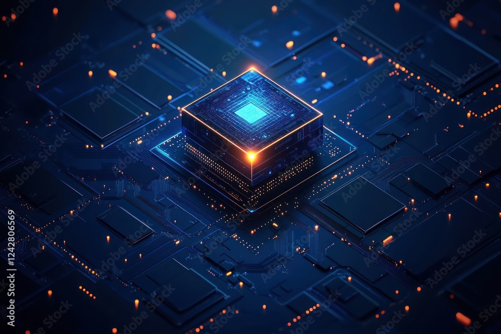 Poster glowing circuit board shows computation, with complex network, for use in tech and engineering