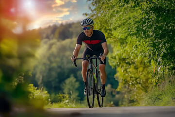 Naklejka premium Male cyclist riding a bicycle outdoors on a picturesque rural road