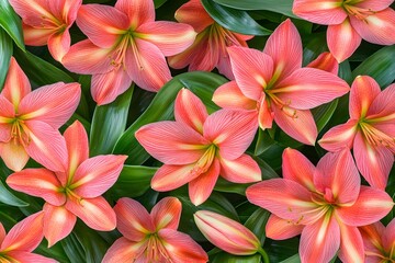 Obraz premium Coral Lilies Bloom Brightly Outdoors