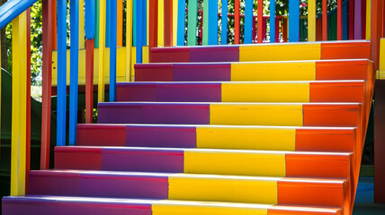 Obraz premium Brightly colored stairs in children play area, featuring vibrant hues of red, yellow, purple, and blue, creating cheerful and inviting atmosphere for kids