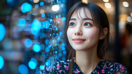 Smiling woman exploring a digital metaverse with holographic interface.