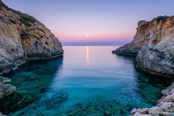 Fototapeta premium Crescent moon shining above the transparent waters of the Blue Lagoon. Rugged cliffs on either side