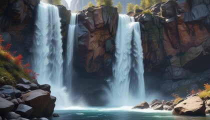 Waterfall on a rocky cliffside with white water splashes, landscape, waterfall